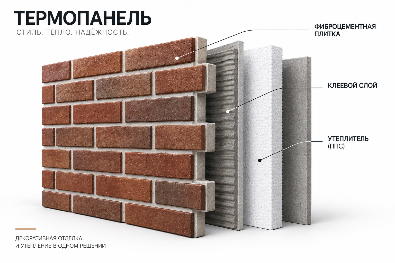 Схема устройства термопанели: фиброцементная плитка, клеевой слой и утеплитель ППС